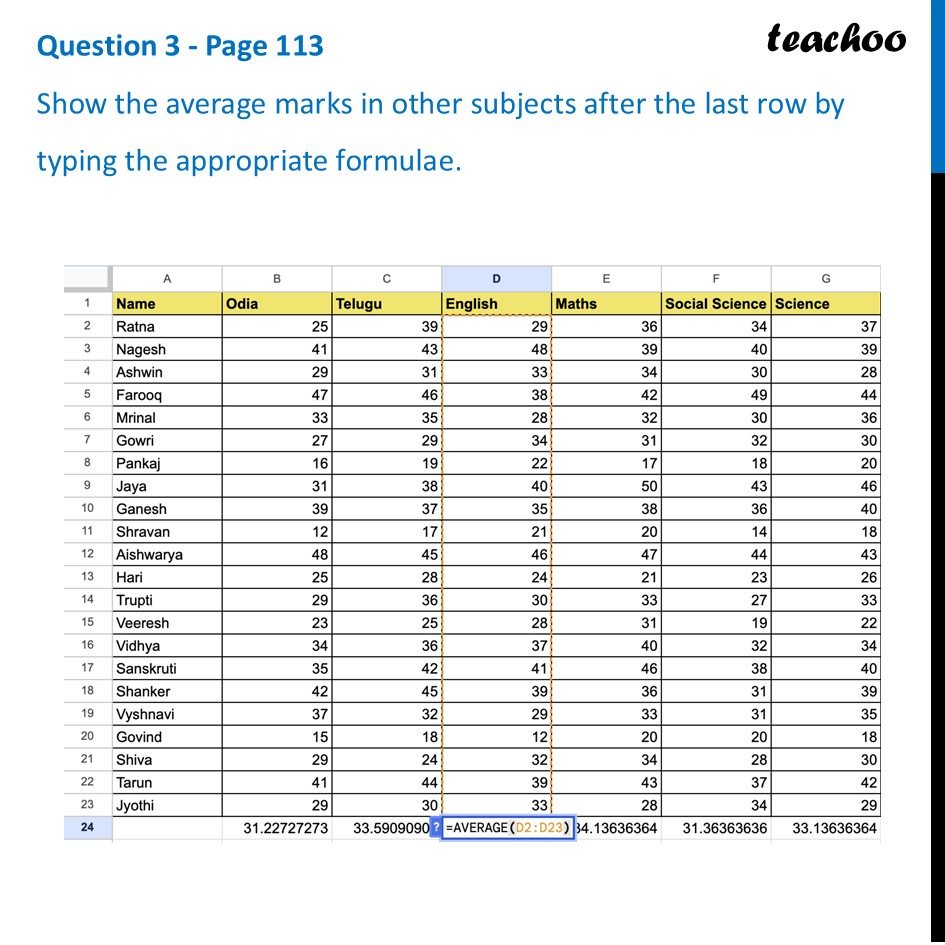 Show the average marks in other subjects after the last row by typing - Spreadsheets