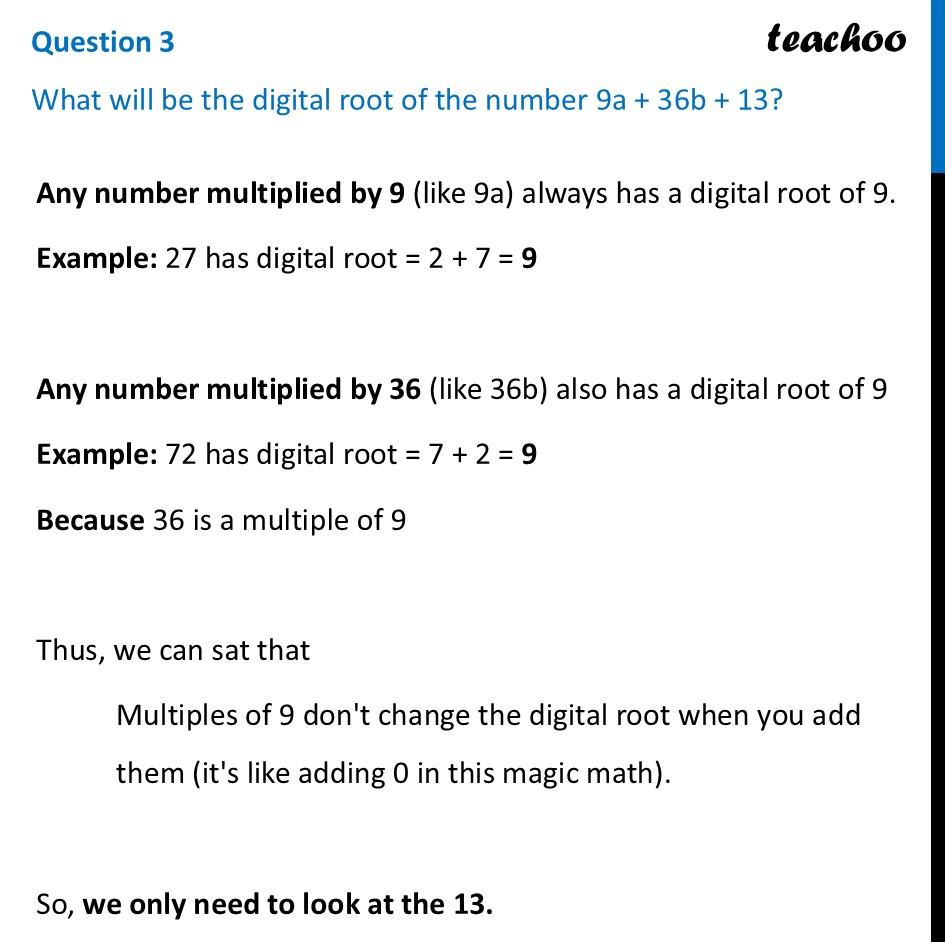 [Class 8] What will be the digital root of the number 9a + 36b + 13? - Figure it out - Page 131