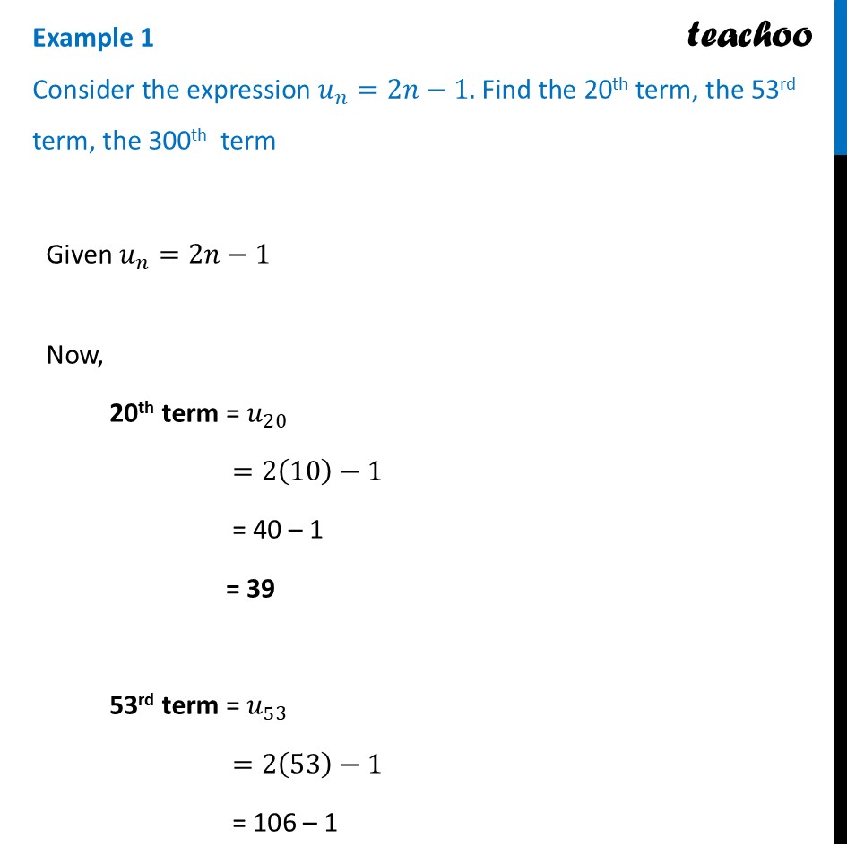 Example 1 - Consider the expression un = 2n – 1 [Chapter 8 Class 9] - Explicit Rule for a Sequence