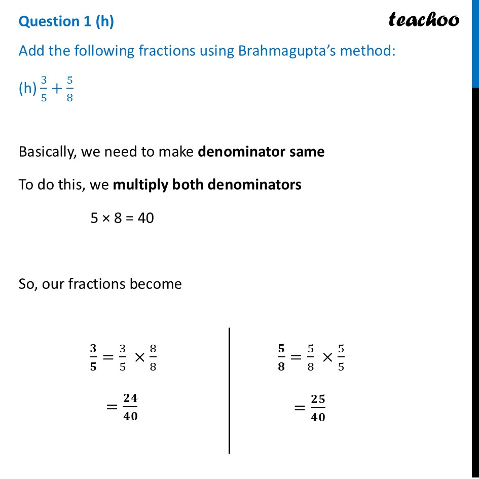 [Ganita Prakash] Brahmagupta Method to Add Fractions (h) 3/5+5/8 - Figure it out - Page 179