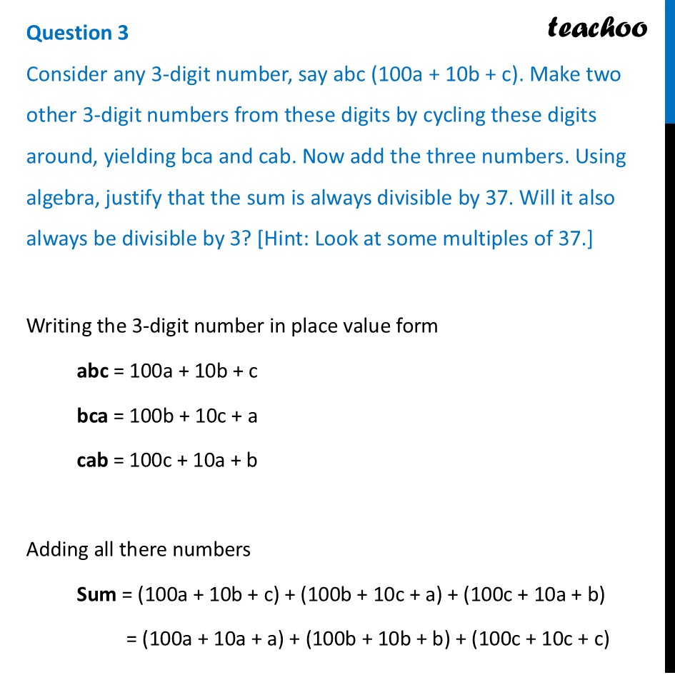 Consider any 3-digit number, say abc (100a + 10b + c). Make two other - Figure it out - Page 145-147