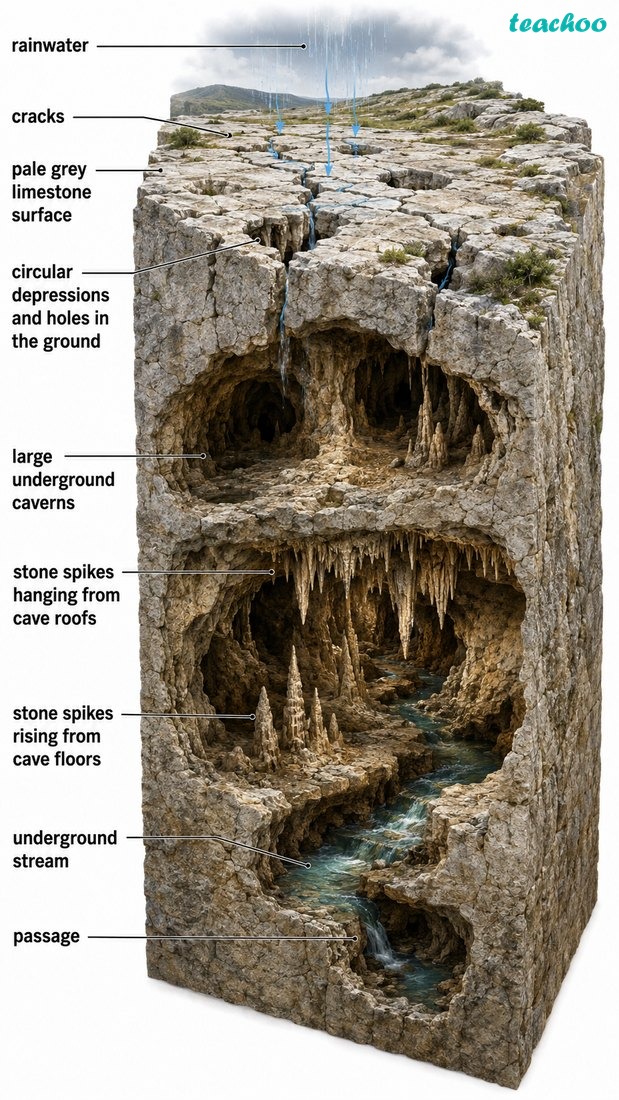 Karst topography shown in a limestone region, with underground water dissolving rock; no text.