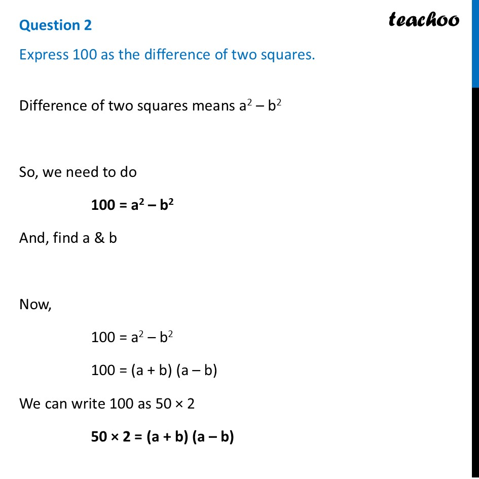 Express 100 as the difference of two squares - [Ganita Prakash] - Figure it out - Page 149