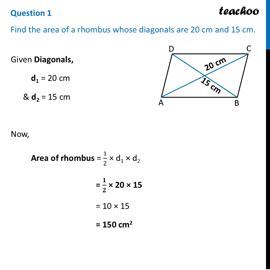Find the area of a rhombus whose diagonals are 20 cm and 15 cm - Figure it out - Page 169-170