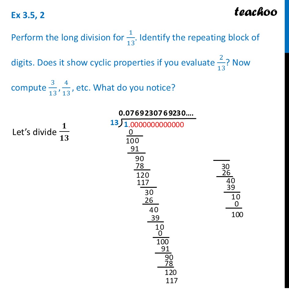 Perform the long division for 1/13. Identify the repeating block - Exercise Set 3.5