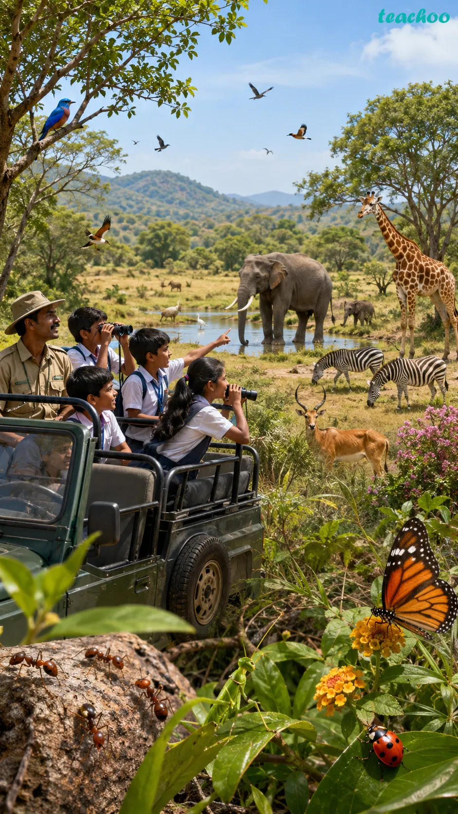Image: A variety of living beings - tall trees, animals, small insects, and tiny invisible microbes - all called organisms, shown by size from big to too small to see