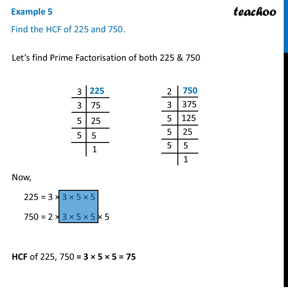 [Class 7] Find the HCF of 225 and 750 - Ganita Prakash II - Teachoo - Finding HCF using Prime Factorisation