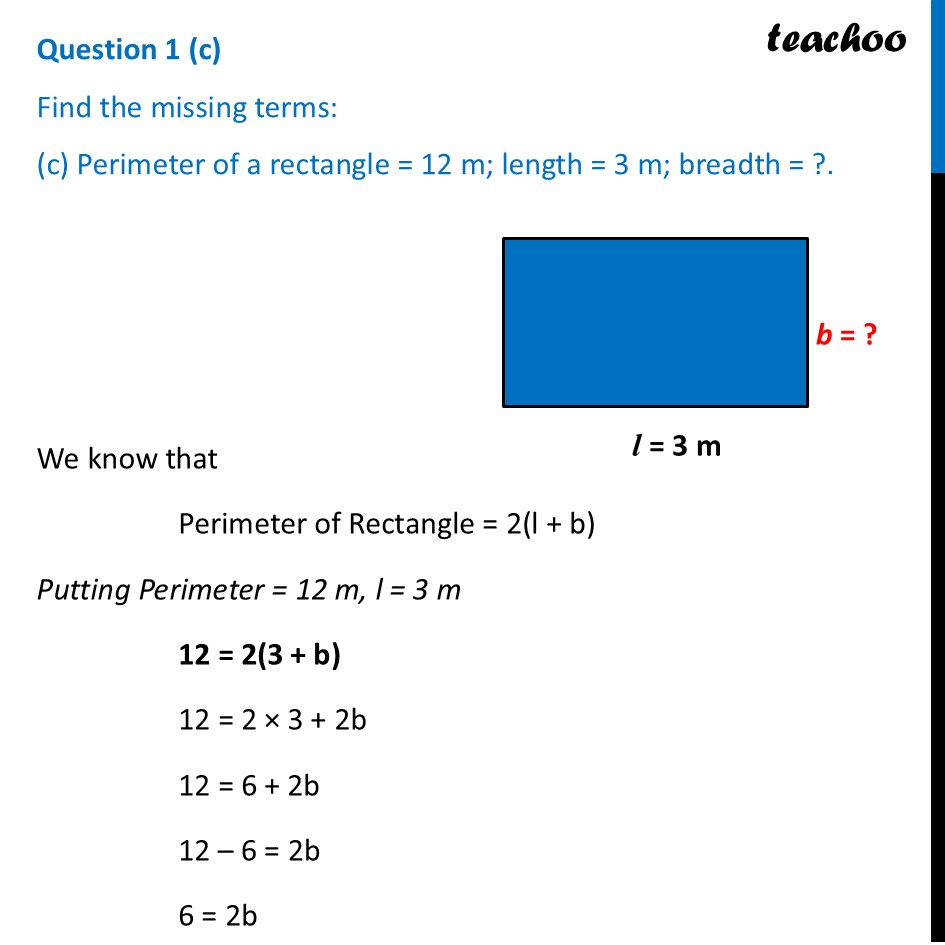 Find the missing terms: (c) Perimeter of a rectangle = 14 cm; breadth - Figure it out - Page 132