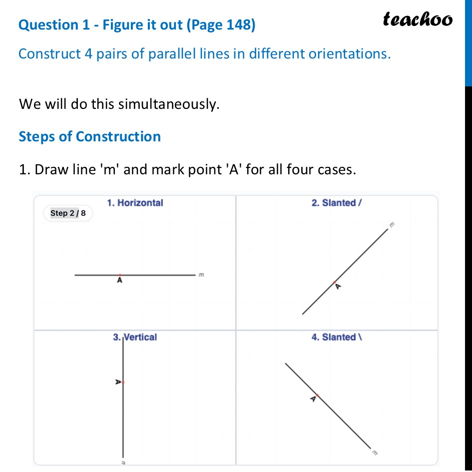 [Class 7] Construct 4 pairs of parallel lines in different orientation - Construction of a Line Parallel to the Given Line