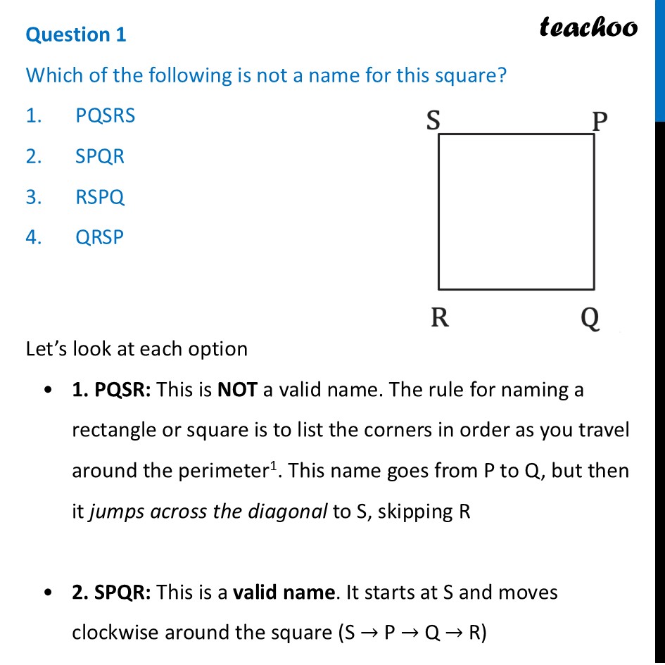 [Class 6] Which of following is not a name for this square? 1. PQSR - Constructing Squares & Rectangles