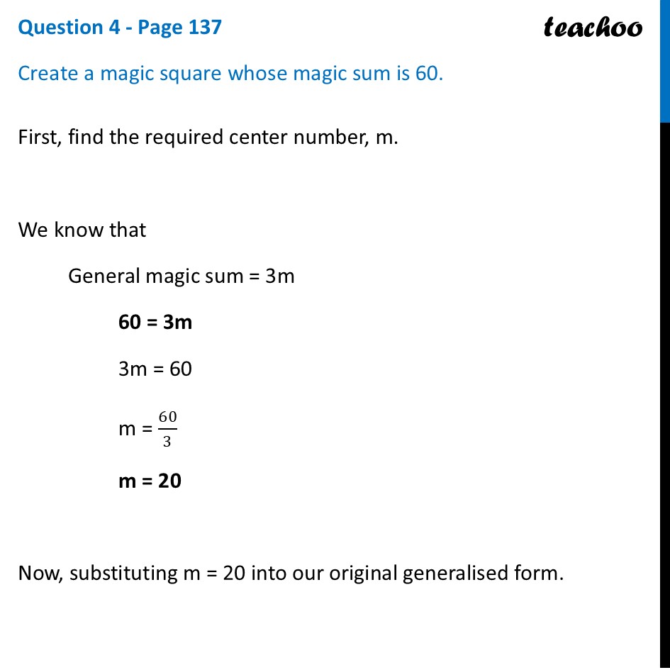 [Class 7 Maths] Create a magic square whose magic sum is 60 - Teachoo - Generalising 3 × 3 Magic Square