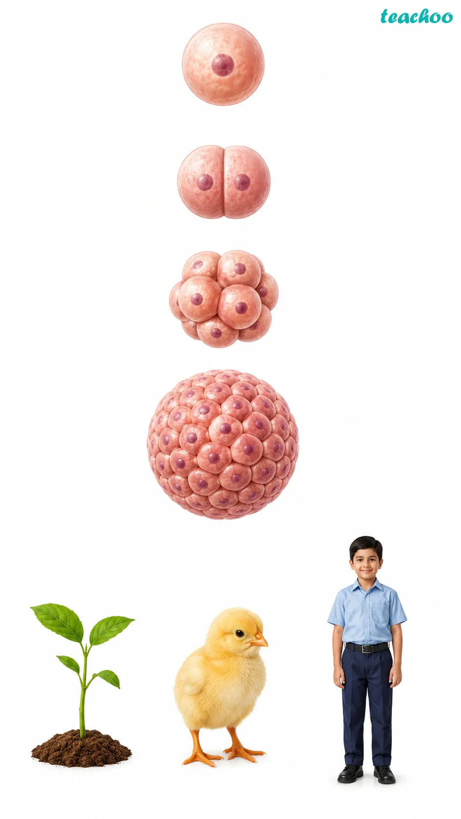 Image: A single egg cell dividing again and again into many cells that grow into a complete multicellular organism like a plant, an animal, and a human