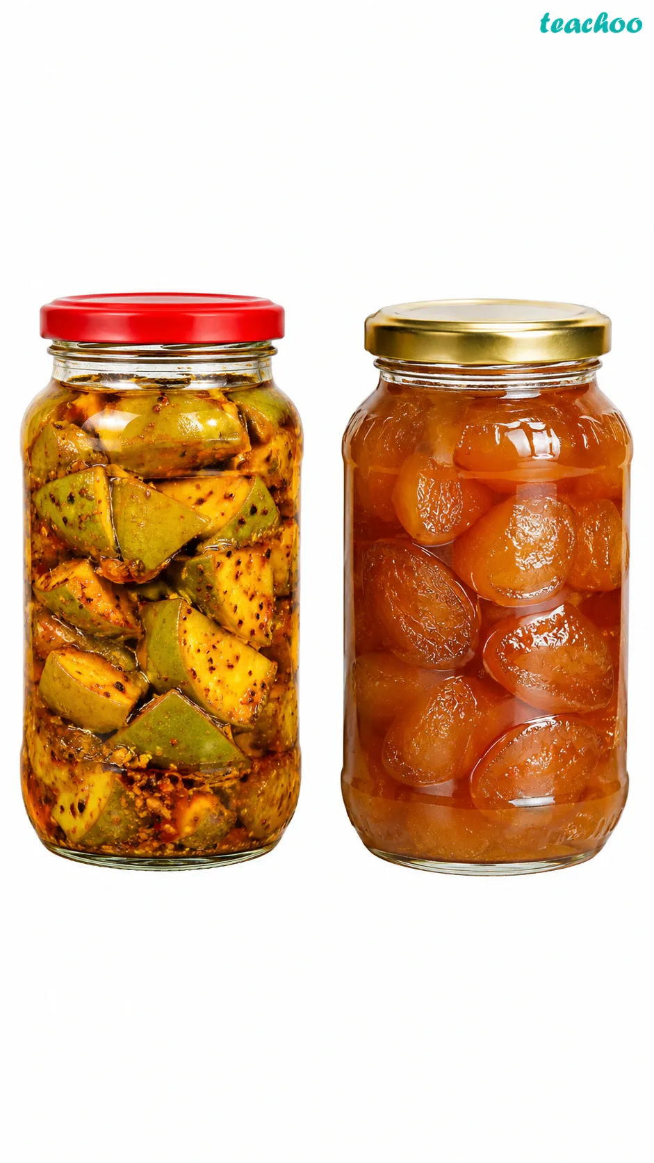 Image: A jar of mango pickle in oil and salt and a jar of fruit murabba in sugar syrup, both preserved because salt and sugar stop microbes from growing
