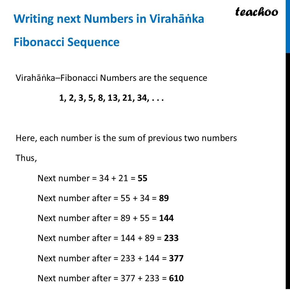 Writing next Numbers in Virahāṅka Fibonacci Sequence - Class 7 Maths - Virahāṅka Fibonacci Numbers