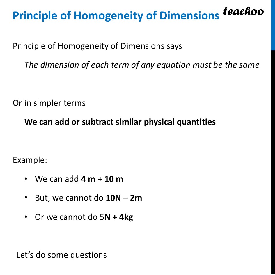 Principle of Homogeneity of Dimensions Class 11 - Questions + Examples - Concepts