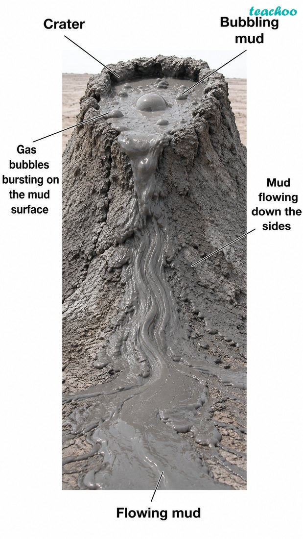 Fig. 2.7 — Mud volcano shown realistically as mud erupting out of a cone-like vent, with wet mud flow and gas bubbling; no text.