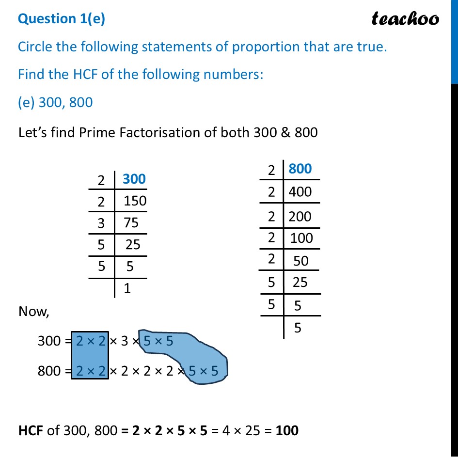 Find the HCF of the numbers (e) 300, 800 [Class 7 Ganita Prakash] - Figure it out - Page 54