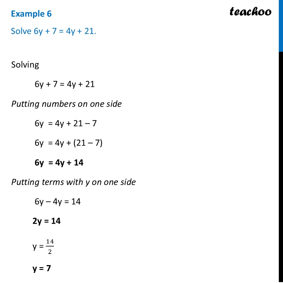 [Class 7 Maths] Solve 6y + 7 = 4y + 21 [Finding The Unknown] - Teachoo - Solving Equations