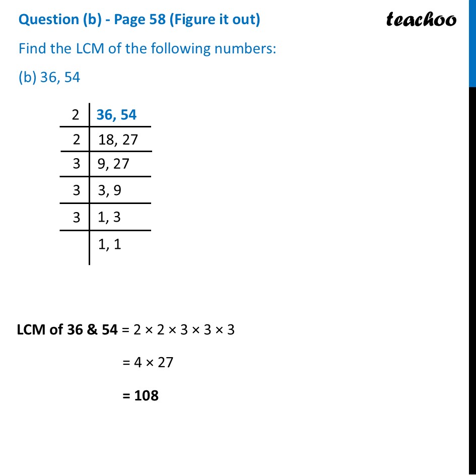 [Class 7 Part 2 Maths] Find the LCM of the following numbers: 36, 54 - Finding LCM using Prime Factorisation
