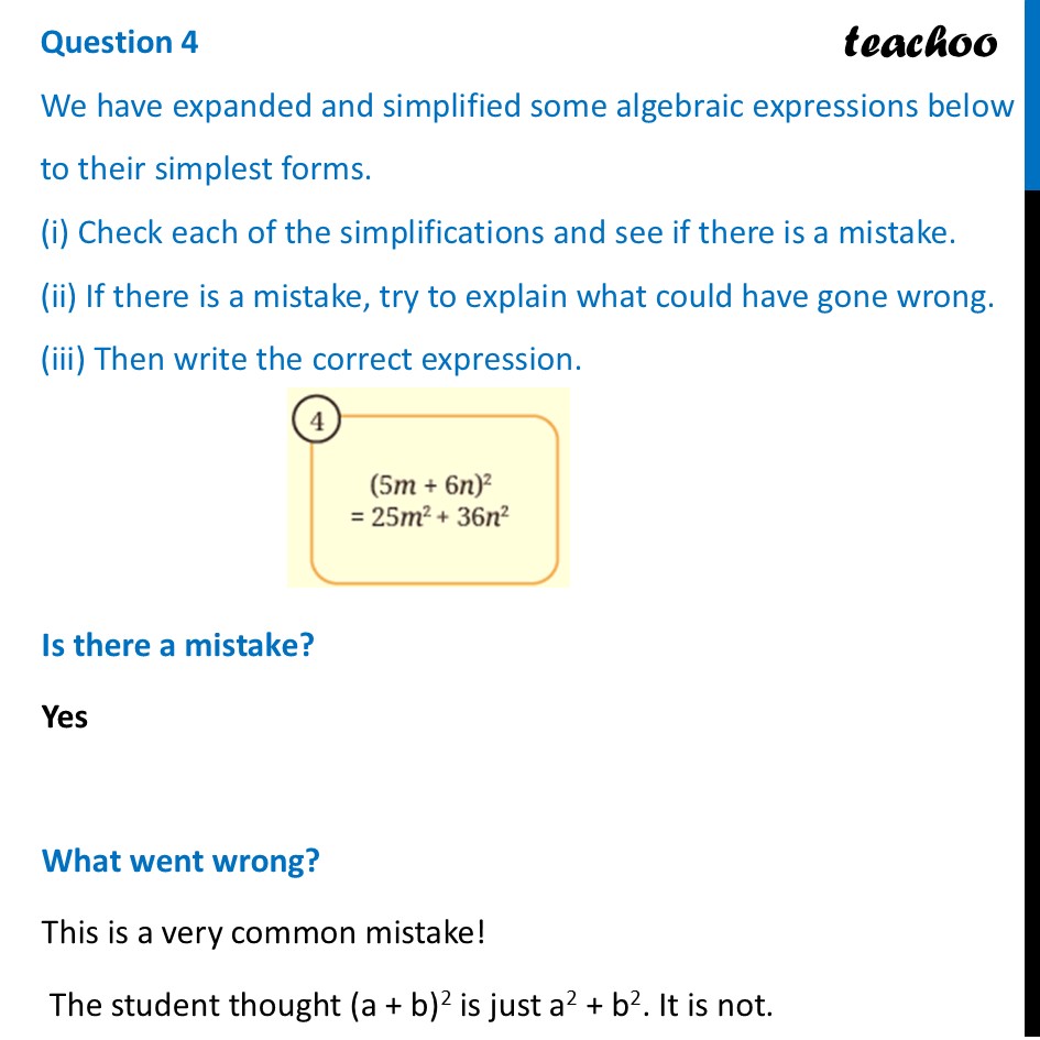 [Class 8] Write the correct expression - (5m + 6n)2 = 25m2 + 36n2 - Mind the Mistake, Mend the Mistake