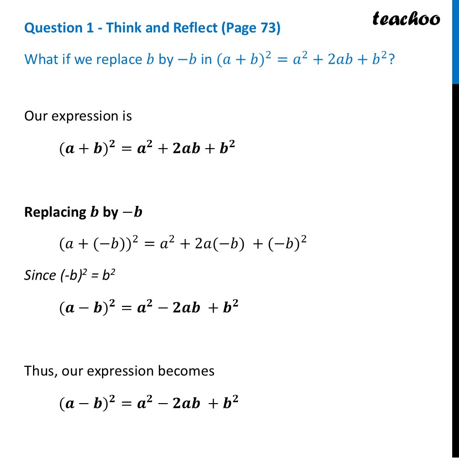 [Class 9] What if we replace b by – b in (a + b)^2 = a^2 + 2ab + b^2? - Factorisation of Algebraic Expressions Using Identities
