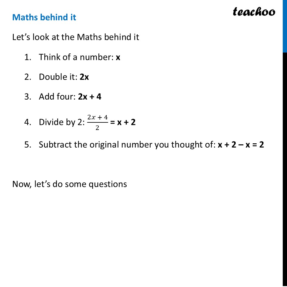 part 3 - ‘Think of a Number’ Trick - Basic - ‘Think of a Number’ Tricks - Chapter 6 Class 8 - Algebra Play (Ganita Prakash II) - Class 8 (Ganita Prakash - 1, 2 & Old NCERT)