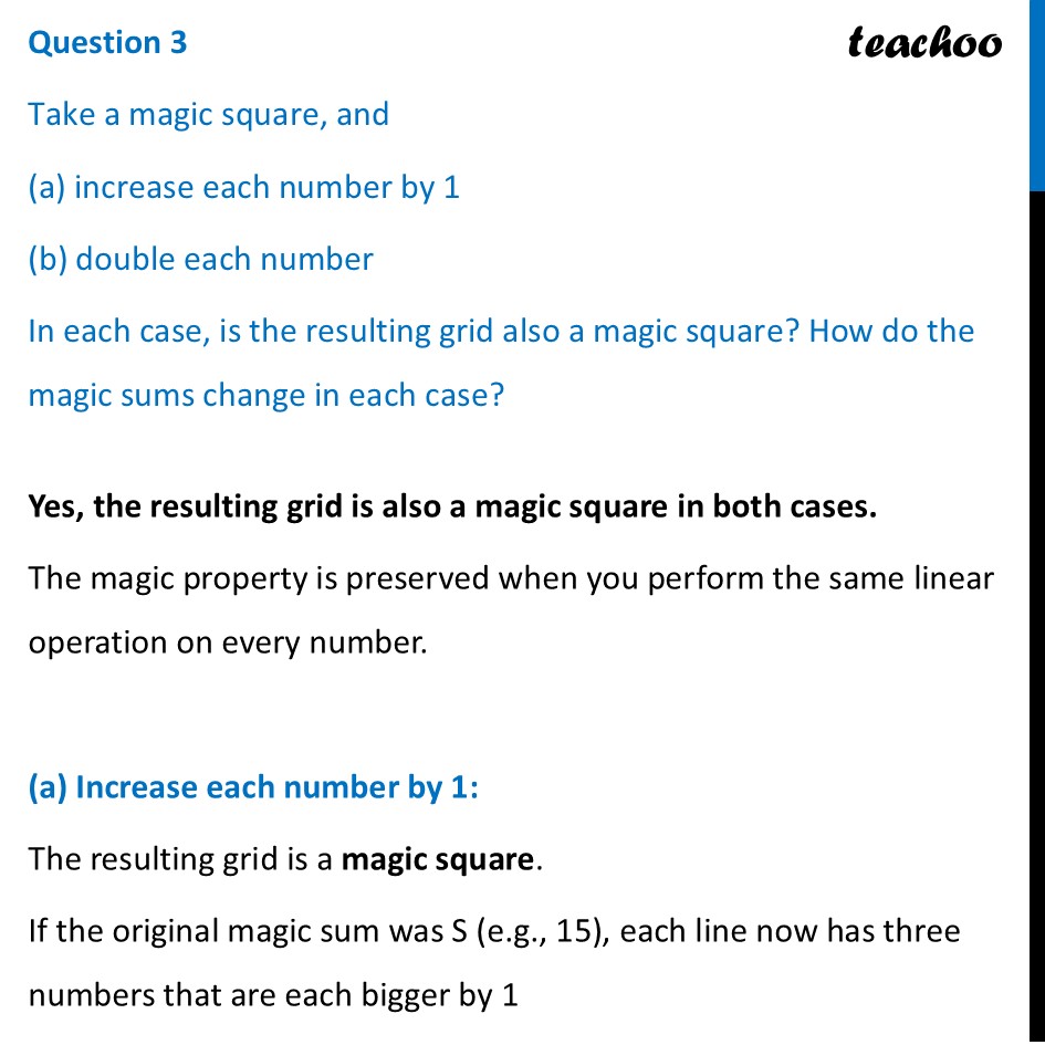 Take a magic square, and (a) increase each number by 1 (b) double each - Figure it out - Page 136