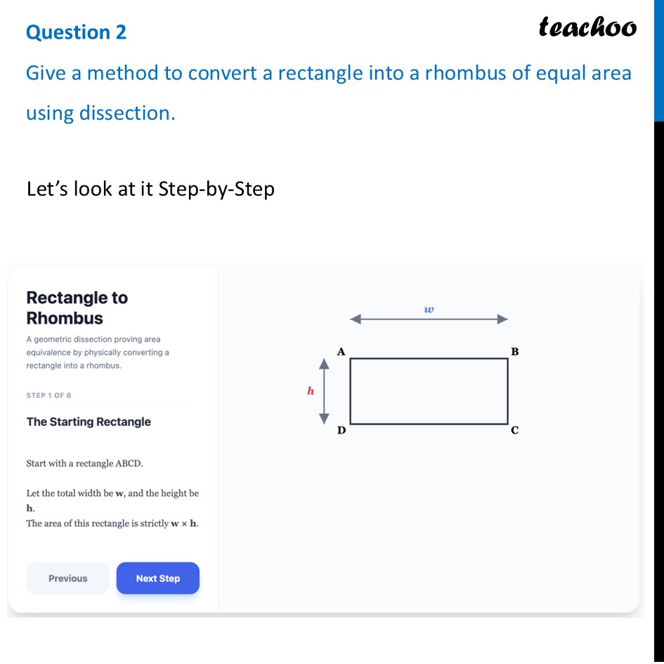 Give a method to convert a rectangle into a rhombus of equal area - Figure it out - Page 169-170