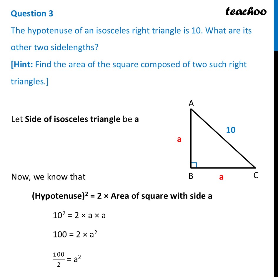 The hypotenuse of an isosceles right triangle is 10. What are its - Figure it out - Page 39, 40