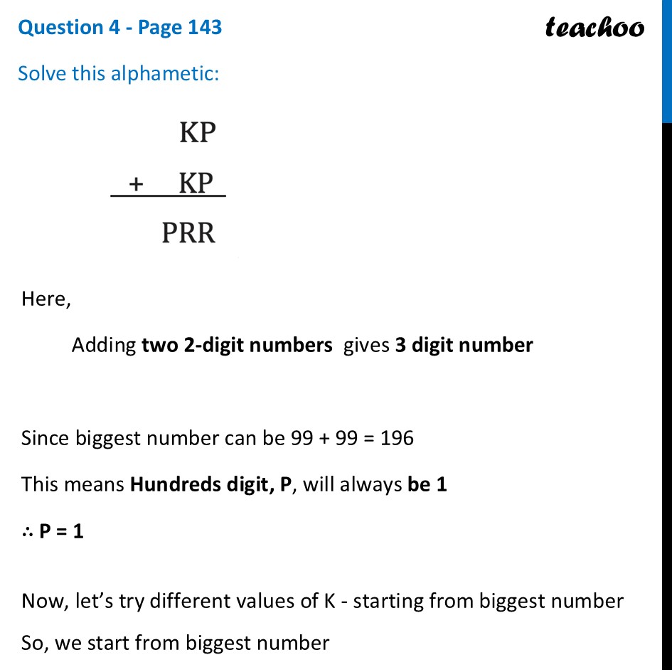 [Ganita Prakash Class 7] Solve this alphametic: KP + KP = PRR - Digits in Disguise