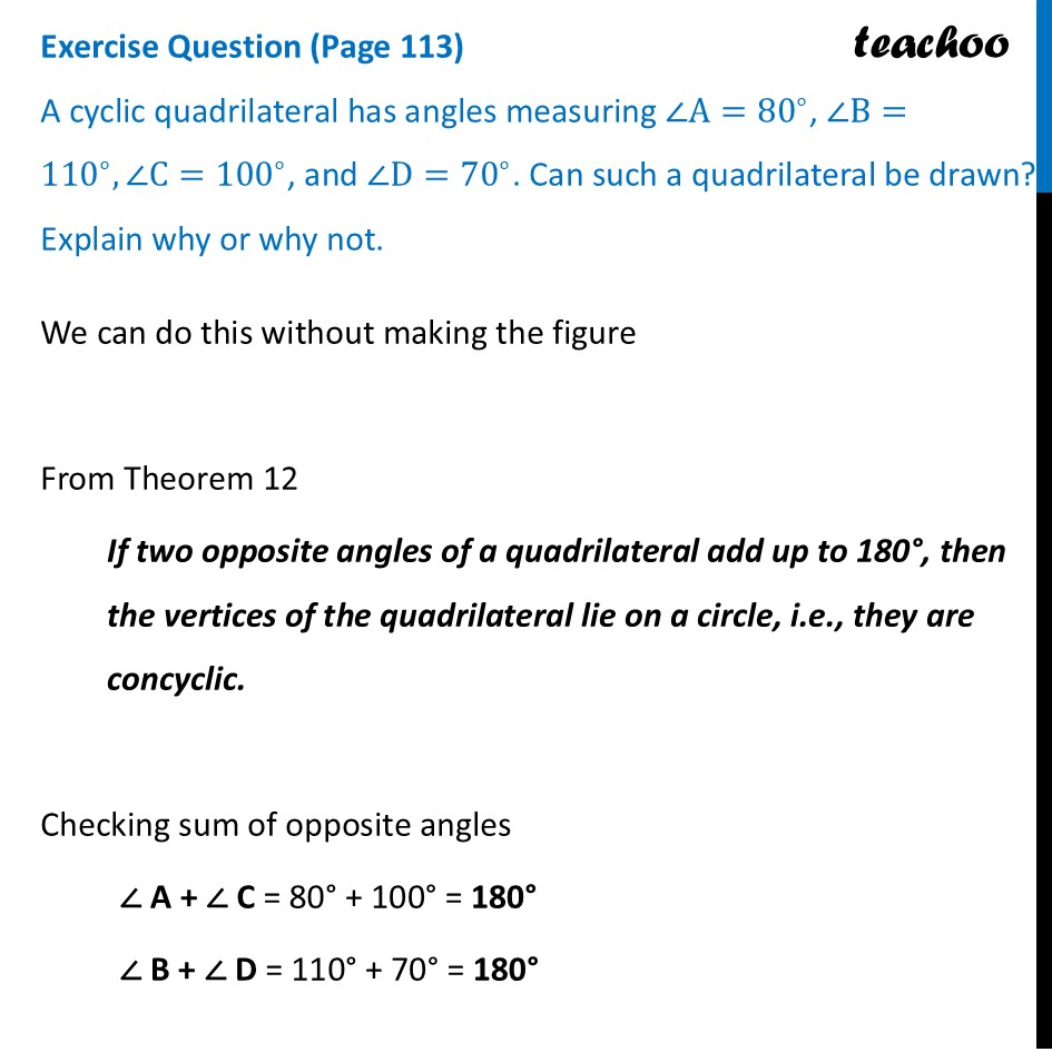 A cyclic quadrilateral has angles measuring ∠A = 80°, ∠B = 110°, ∠C = - Concyclicity of Points and Cyclic Quadrilateral