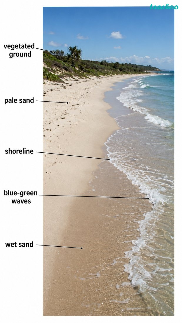 Fig. 2.14 — Beach shown as a depositional coastal landform with sand along the shore.