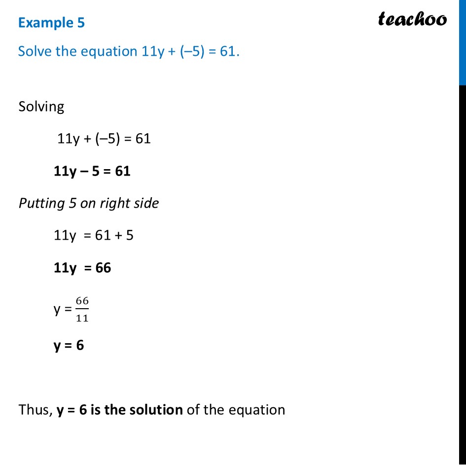 Solve the equation 11y + (–5) = 61 [Class 7 Ganita Prakash II] - Solving Equations