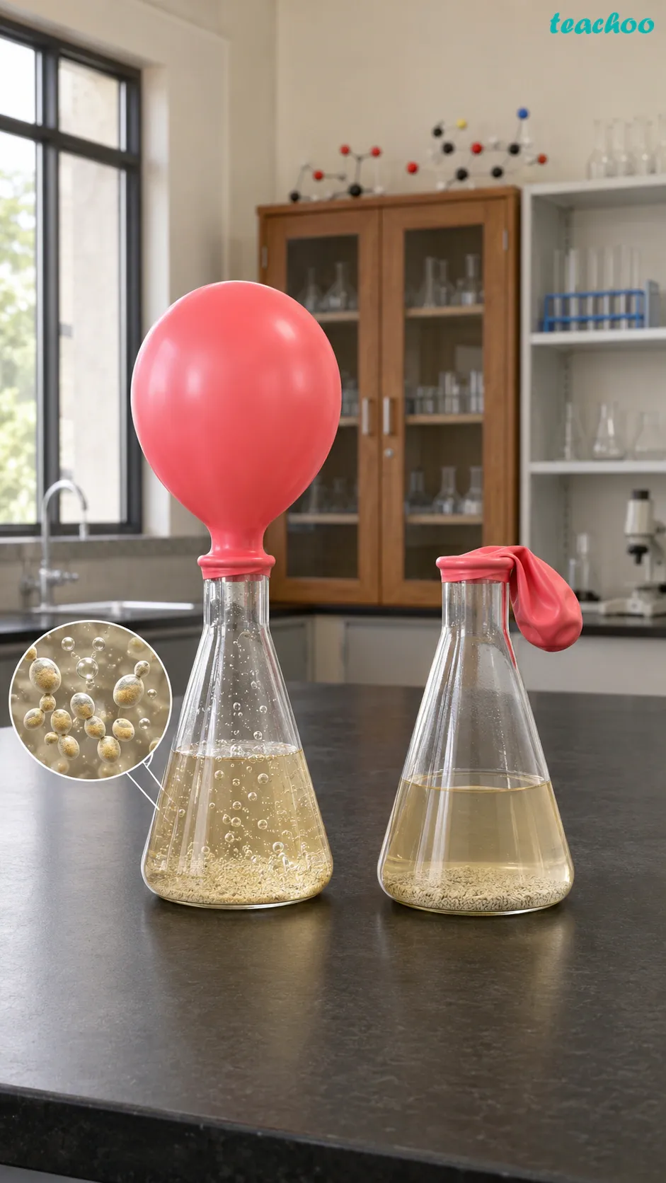 Image: Two test tubes A and B in a stand, each with an inflated balloon over the mouth, where test tube B contains sugar solution with yeast