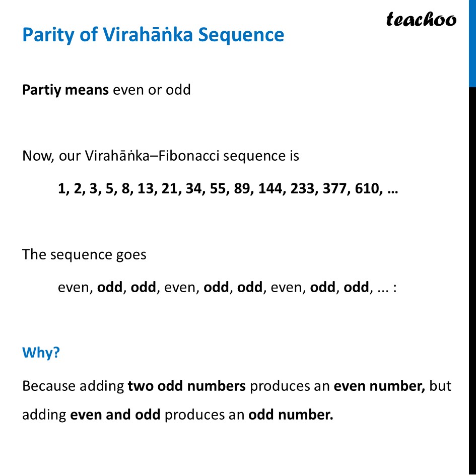 Parity of Virahāṅka Sequence - Ganita Prakash Class 7 (Teachoo) - Virahāṅka Fibonacci Numbers