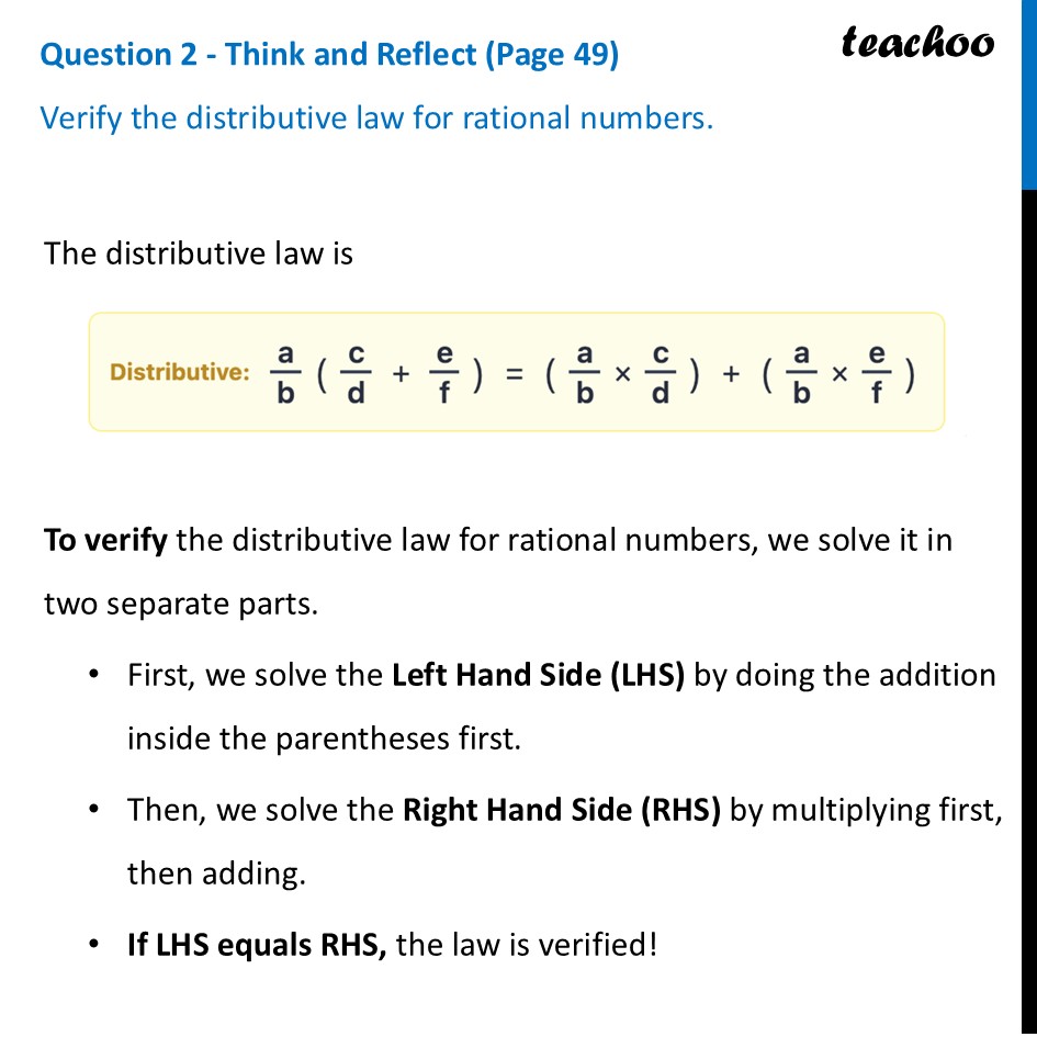 Verify the distributive law for rational numbers [Ganita Manjari I] - Rational Numbers