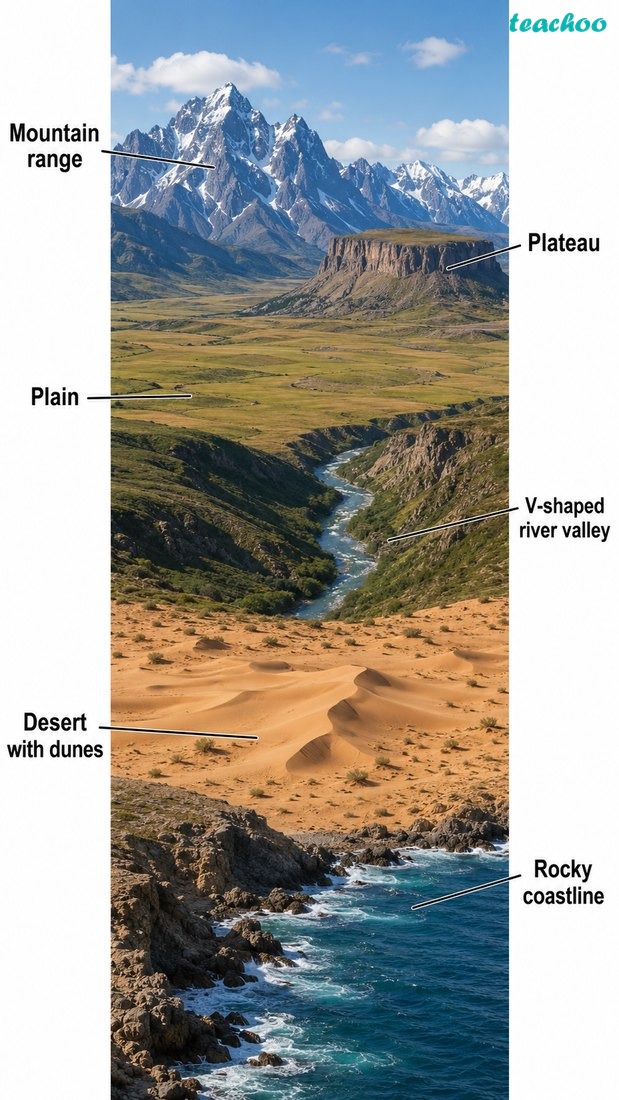 Clear overview montage of major landforms—mountain, plateau, plain, valley, desert and coastline—shown realistically in one scene; no text.