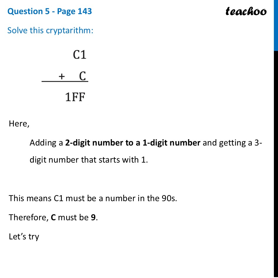 [Number Play Class 7] Solve this cryptarithm: C1 + C = 1FF - Digits in Disguise