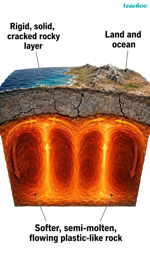 Side-by-side cross-section comparing the lithosphere and asthenosphere: rigid outer layer above and softer semi-molten layer below; no text.