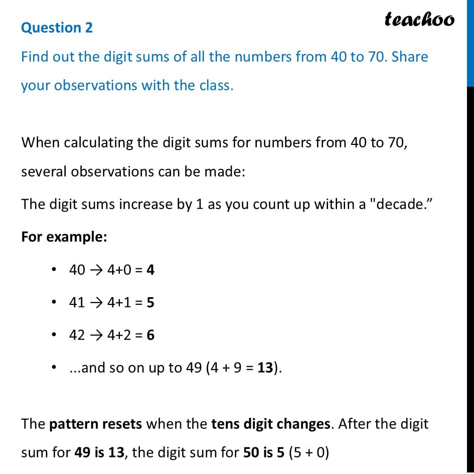 Find out the digit sums of all numbers from 40 to 70 [Ganita Prakash] - Playing with Digits