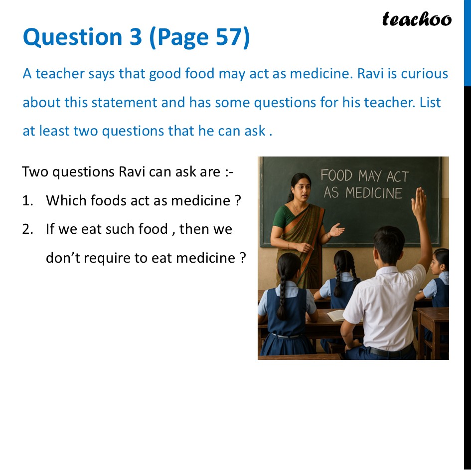 [Class 6 Curiosity] A teacher says that good food may act as medicine - Questions at the end of chapter (Page 56, 57 & 58)