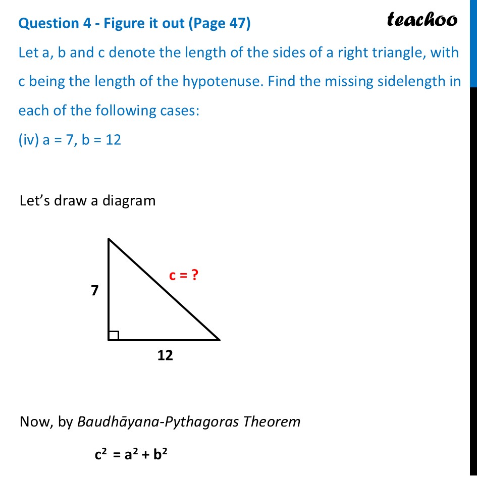 part 7 - Question 4 - Figure it out (Page 47) - Baudhāyana’s Theorem on Right-angled triangles - Chapter 2 Class 8 - The Baudhayana-Pythagoras Theorem (Ganita Part 2) - Class 8 (Ganita Prakash - 1, 2 & Old NCERT)