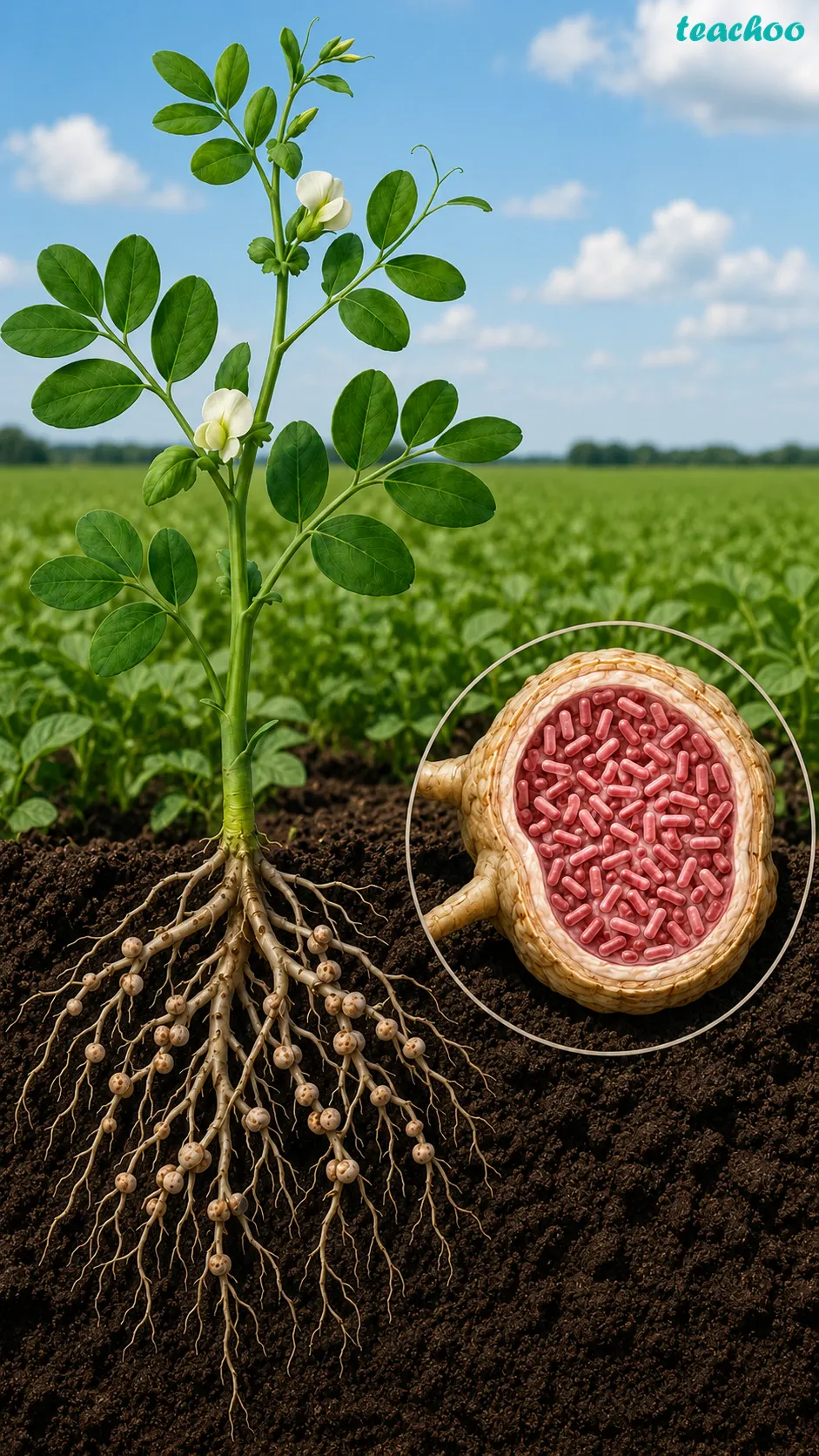 Image: The roots of a legume plant showing round root nodules, with a magnified view of Rhizobium bacteria inside trapping nitrogen from the air