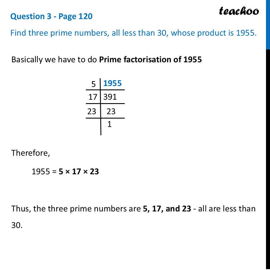 Find three prime numbers, all less than 30, whose product is 1955. - Prime Factorisation