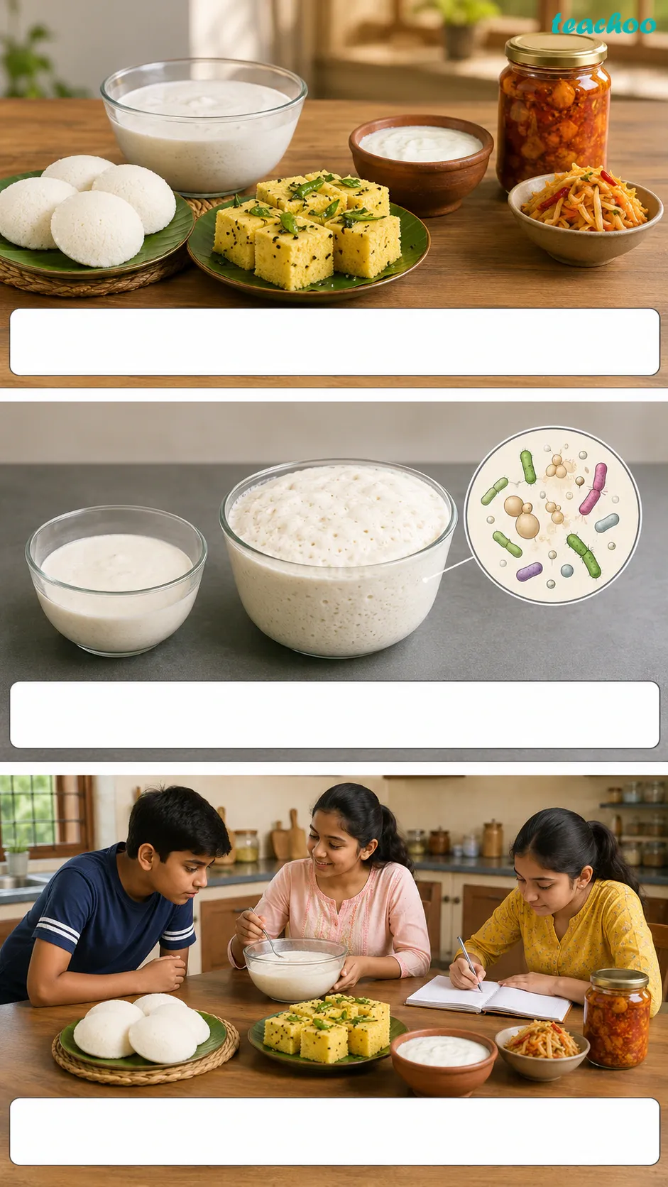 Image: An assortment of Indian fermented foods - idli, dosa, dhokla, curd, and pickles - with a small inset showing the microbes responsible for fermentation