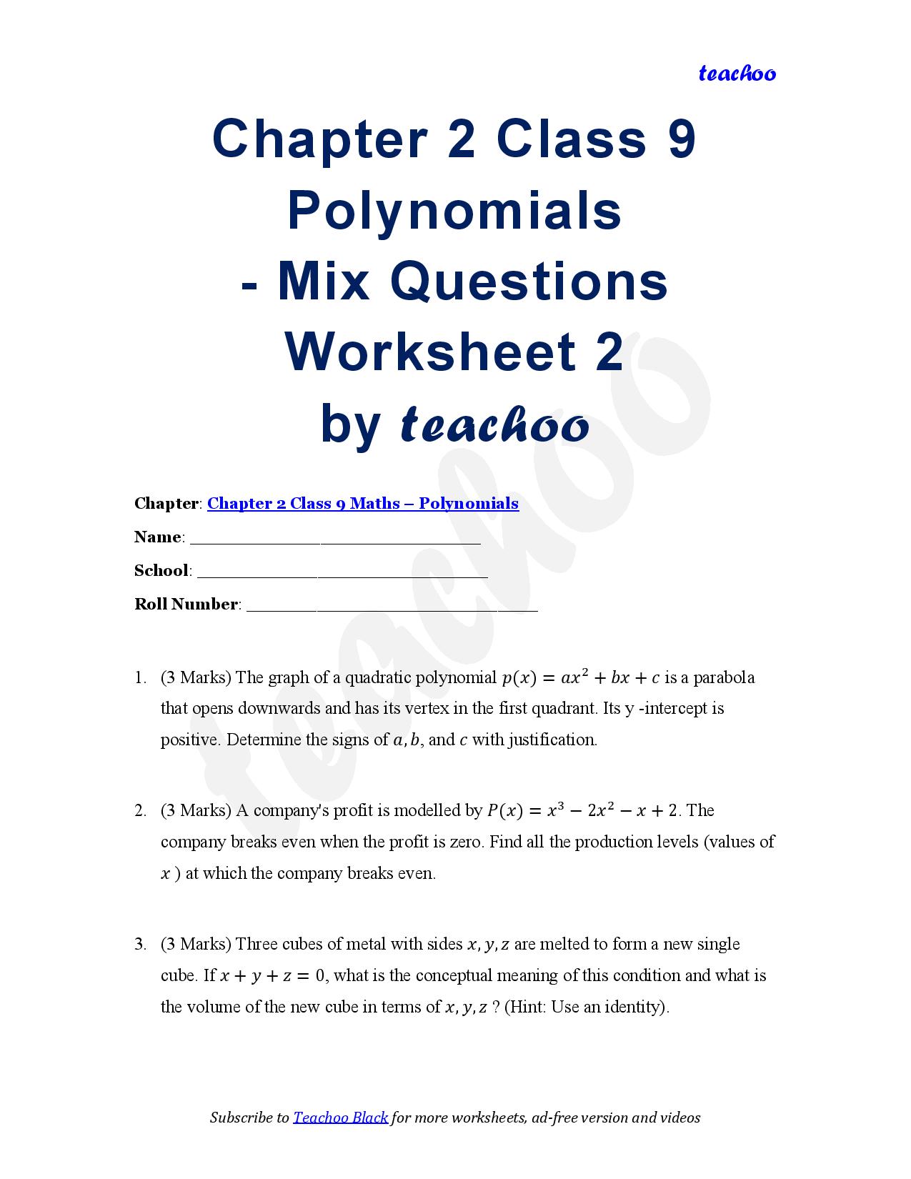 Polynomials – Download PDF Worksheet Practice Questions (with answer) - Teachoo Questions - Mix
