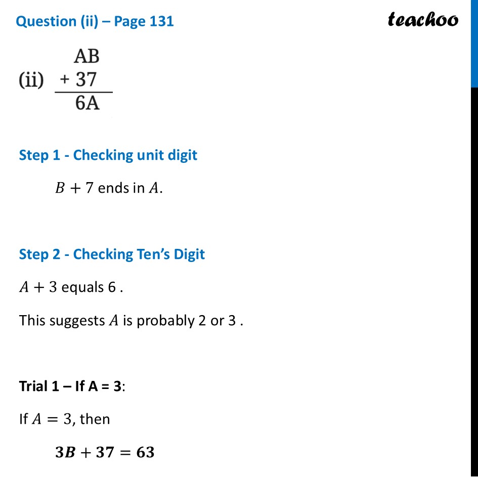 [Ganita Prakash] Cryptarithms: AB + 37 = 6A - (Number Play)  - Teachoo - Digits in Disguise
