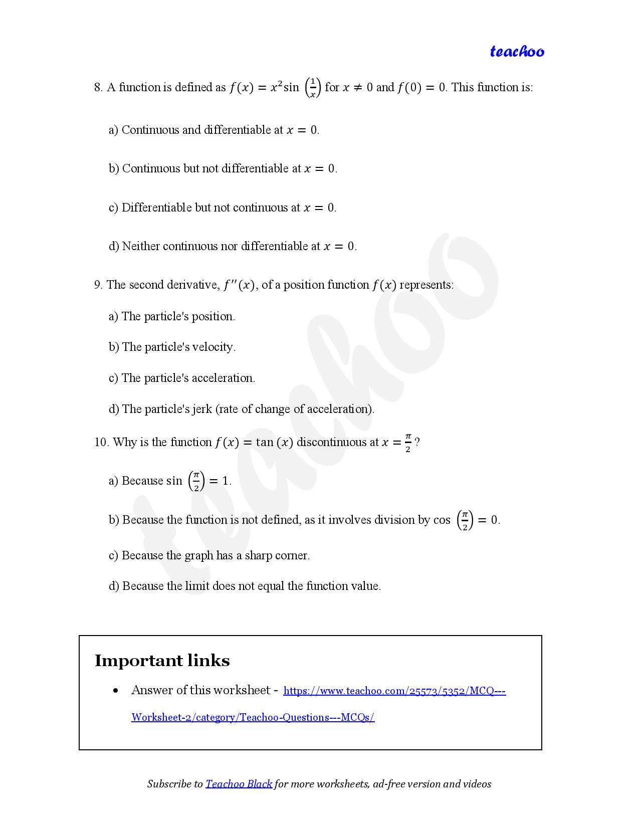 part 4 - MCQ - Worksheet 2 - Teachoo Questions - MCQs - Serial order wise - Chapter 5 Class 12 Continuity and Differentiability