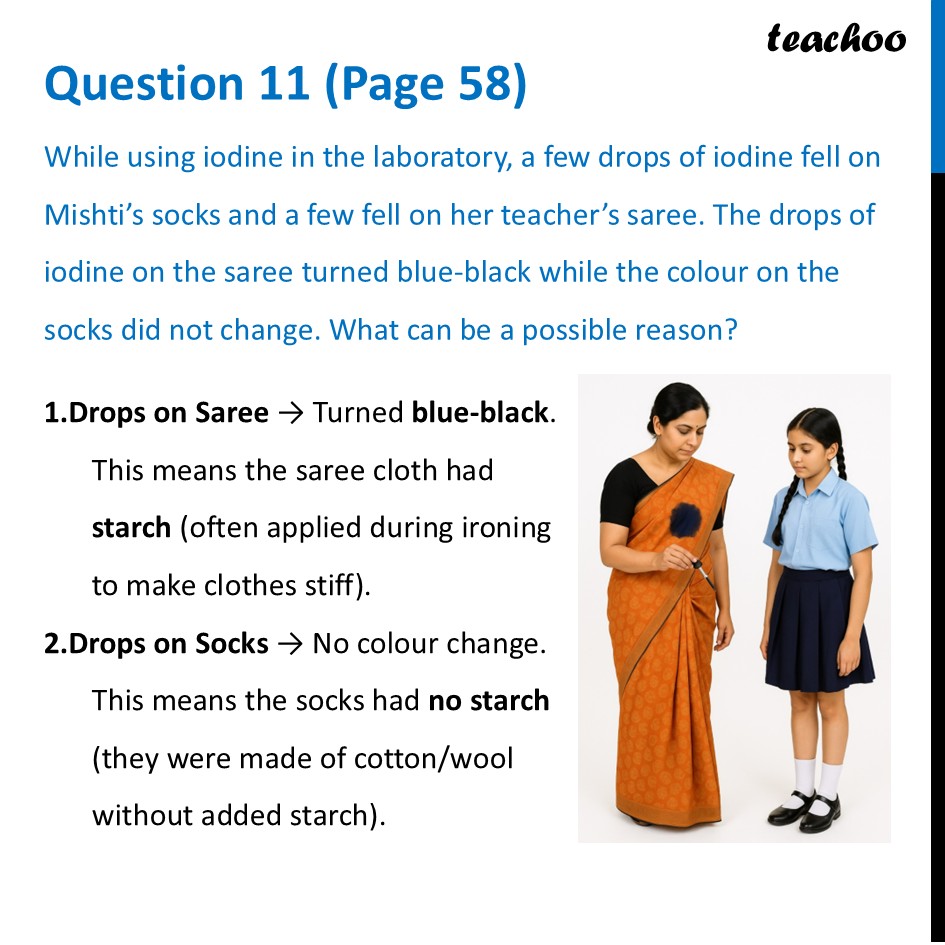 While using iodine in the laboratory, a few drops of iodine fell on - Questions at the end of chapter (Page 56, 57 & 58)