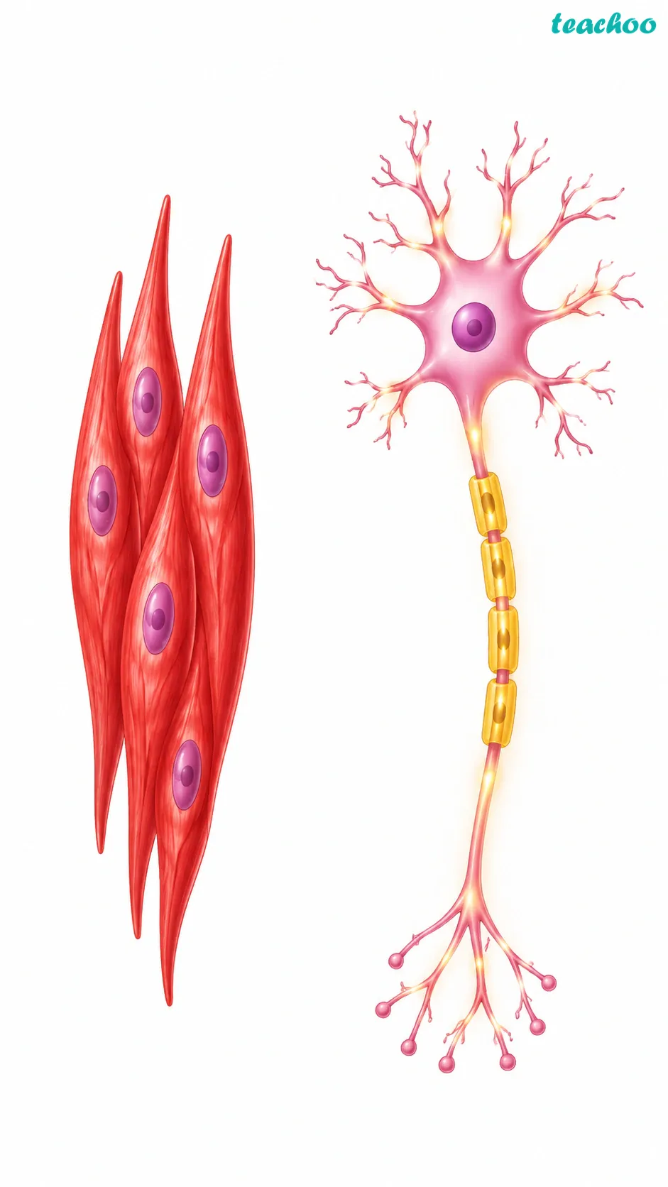 Image: A long branched nerve cell carrying a message and a spindle-shaped muscle cell contracting, showing how each cell's shape suits its job